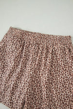 Leopard Print Ribbed Patchwork Half Button Loose Tee Elastic Waist Short 2pcs Set