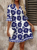 Floral Print Notched Ruffle Sleeve Mini Dress