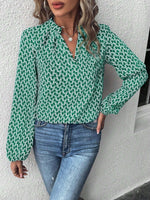 Printed Notched Balloon Sleeve Blouse