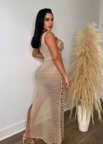 Sequin Embellished Crochet Maxi Dress with High Slit