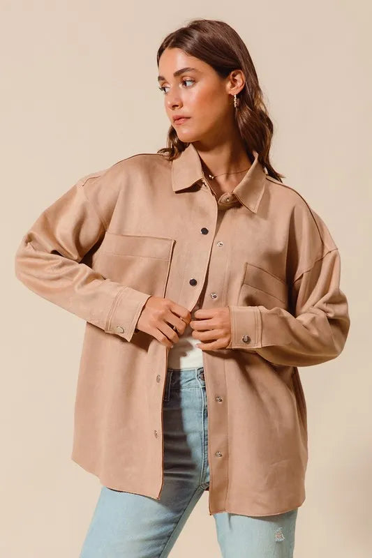 SO ME Faux Sued Snap Shacket with Collar and Pockets