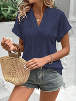 Openwork Notched Short Sleeve Blouse