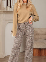 Leopard Bow Decor Split Cuff Contrast Trim Sweater