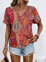Bohemian Paisley Print V-Neck Short Sleeve T-Shirt