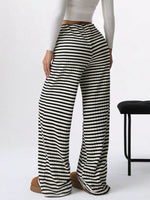 Striped Ribbed Knit Drawstring Waist Wide Leg Pants