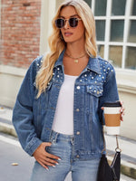 Pearl Detail Collared Neck Long Sleeve Denim Jacket
