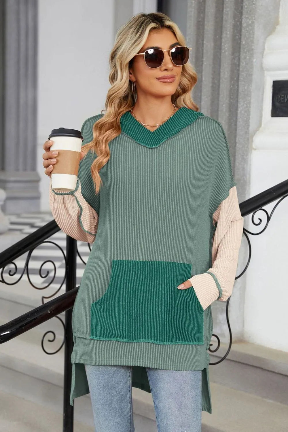 Contrast Hooded Long Sleeve Top