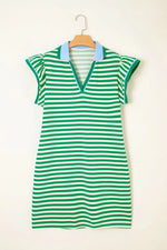 Stripe Print Contrast Collar Split Neck Flutter Sleeve Dress