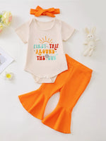 Children's Short Sleeve Bodysuit and Flare Pants Set with Headband