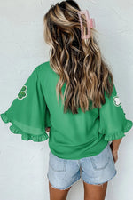 Sequin Clover Graphic Ruffled Trim Bell Sleeve St Patrick Blouse