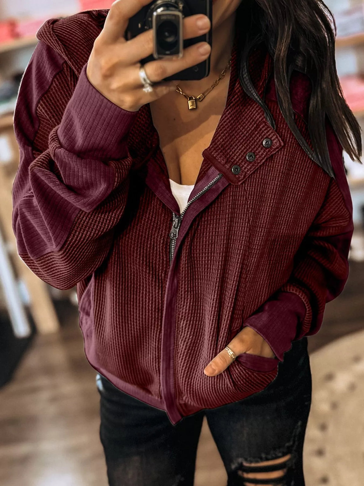Waffle Zip Up Hooded Jacket with Pockets