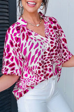 Leopard Print V Neck Puffy Half Sleeve Blouse