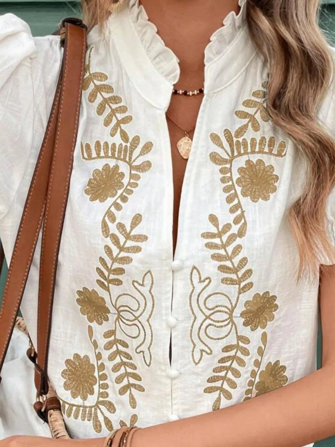 Embroidered Frill Notched Short Sleeve Blouse - Ladyez