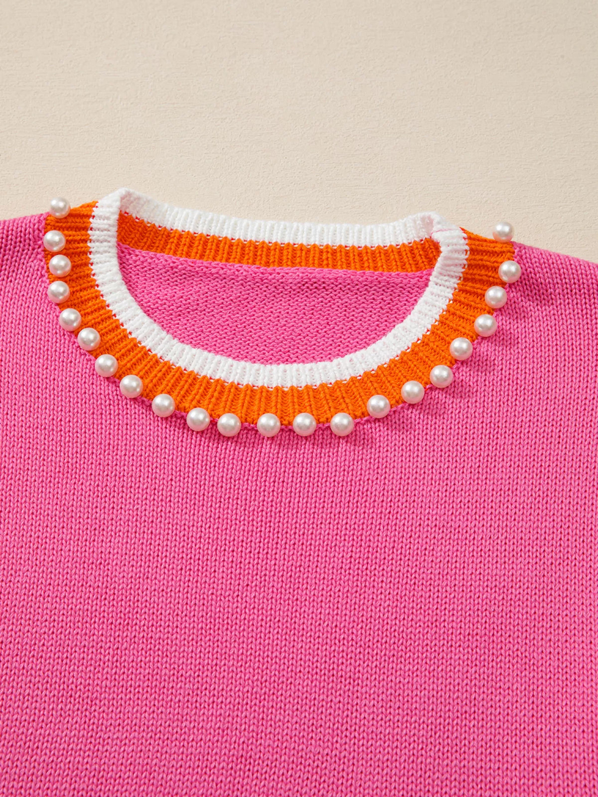 Contrast Crew Neck Pearled Decor Drop Shoulder Knit Sweater
