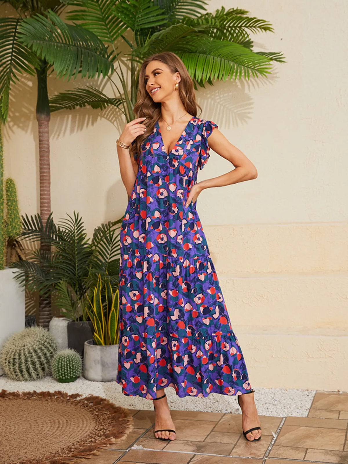 Floral V-Neck Cap Sleeve Summer Dress