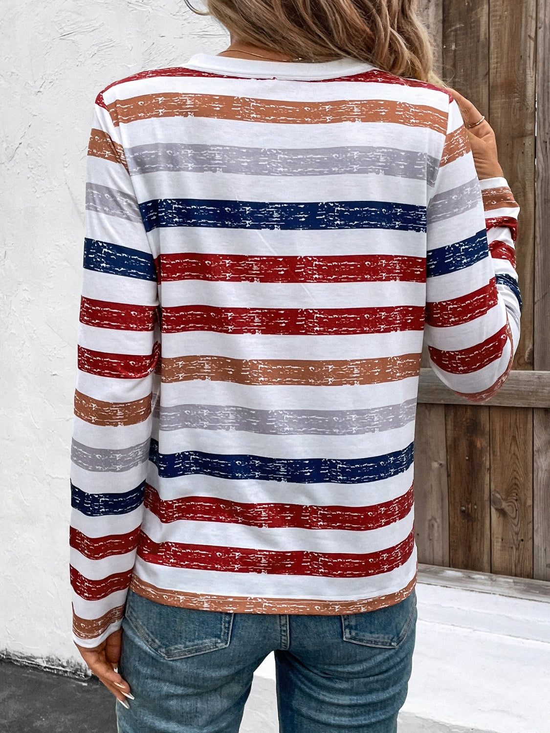 Contrast Striped V-Neck Long Sleeve T-Shirt - Ladyez