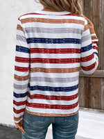 Contrast Striped V-Neck Long Sleeve T-Shirt - Ladyez