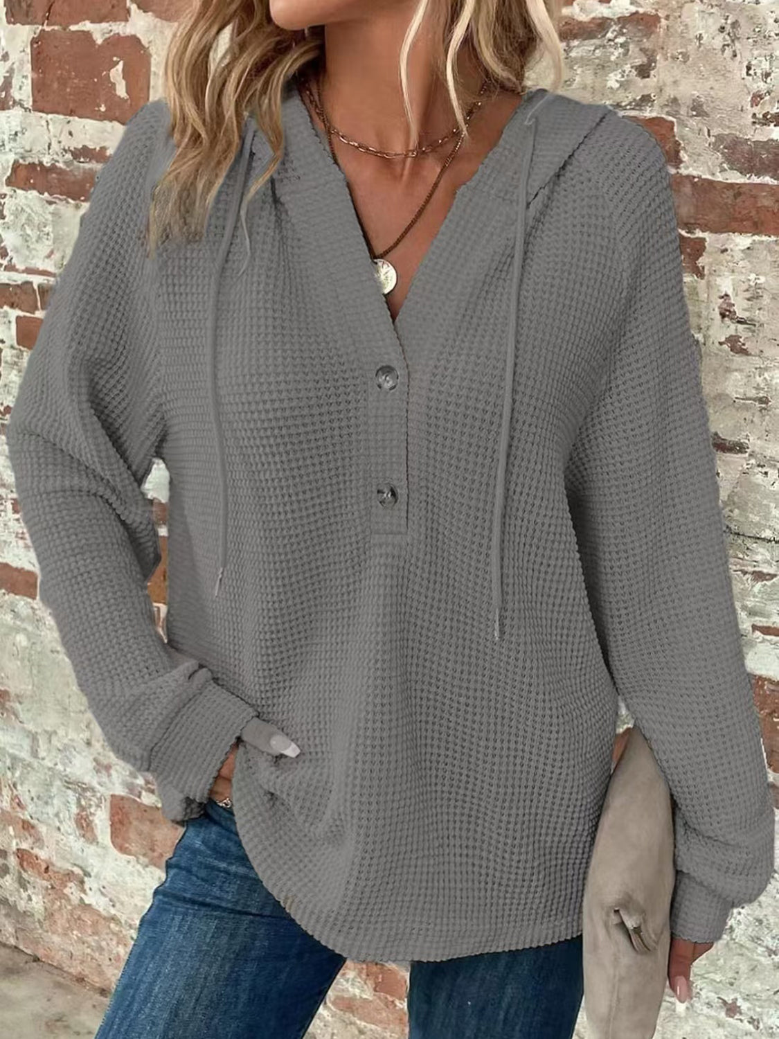 Waffle Knit Long Sleeve Drawstring Hooded Top - Ladyez