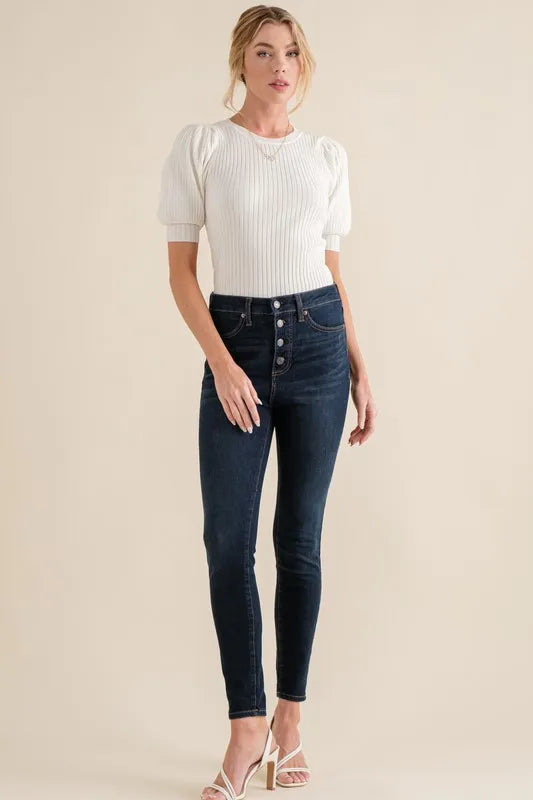 And The Why Puffed Half Sleeve Rib Basic Bodysuit - Ladyez