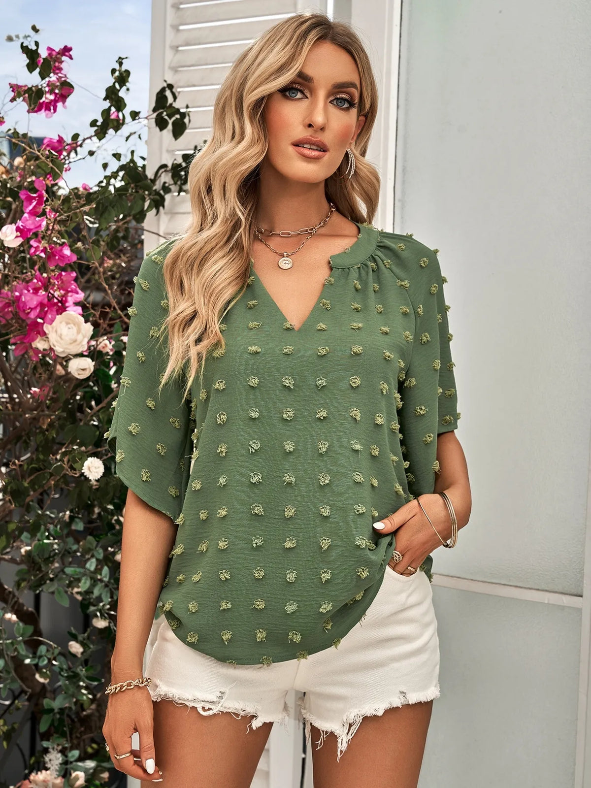 Swiss Dot Notched Half Se Blouse