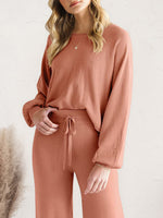 Long Sleeve Lounge Top and Drawstring Pants Set - Ladyez
