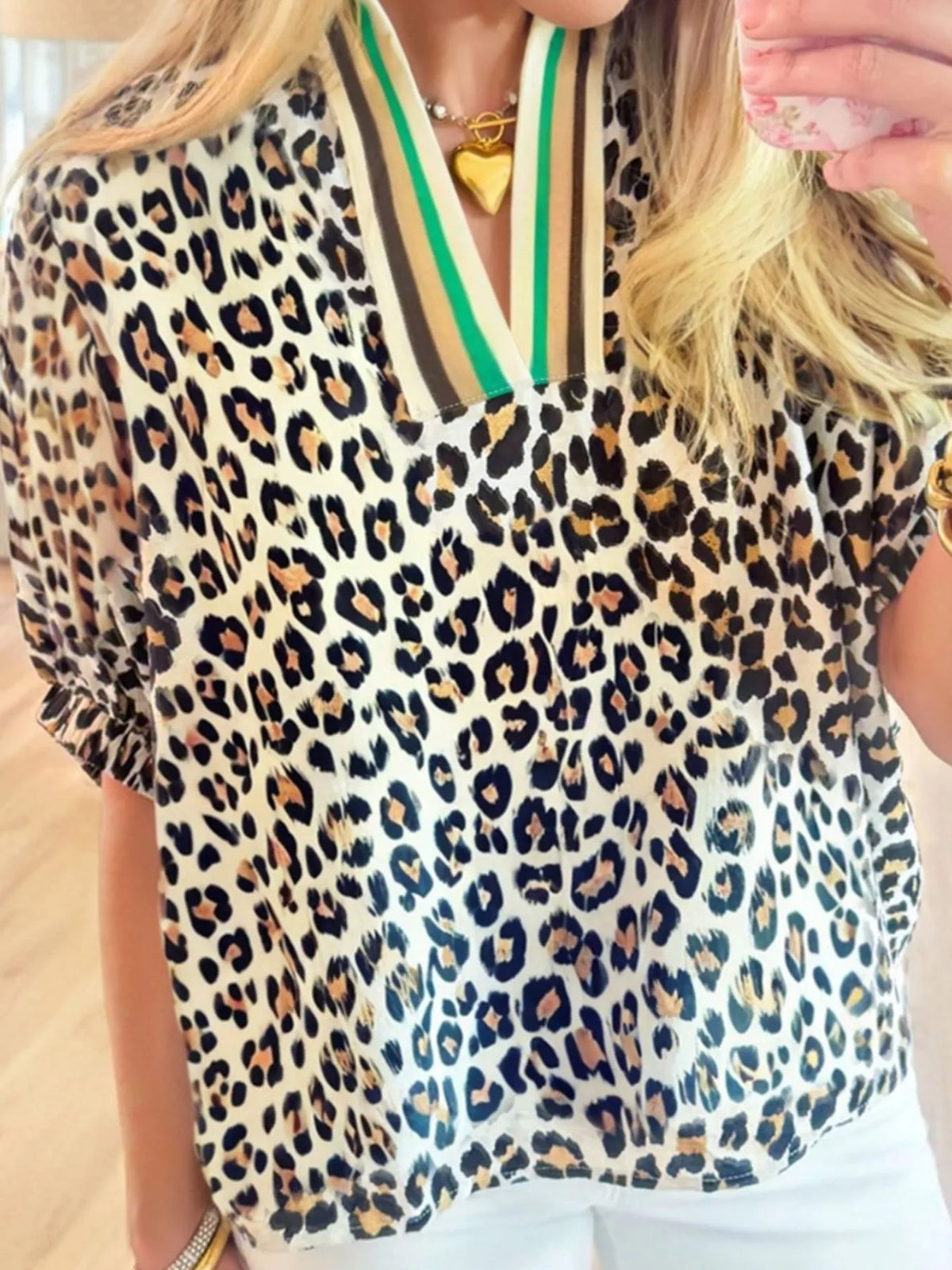 Leopard Print Notched Blouse with Striped Trim