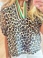 Leopard Print Notched Blouse with Striped Trim