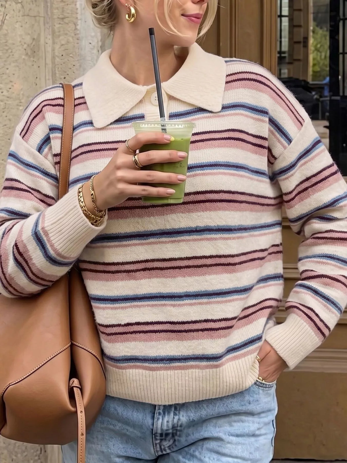 Striped Polo Collar Sweater