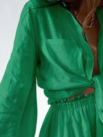 Full Size Button Up Balloon Sleeve Top and Shorts Set Plus Size - Ladyez