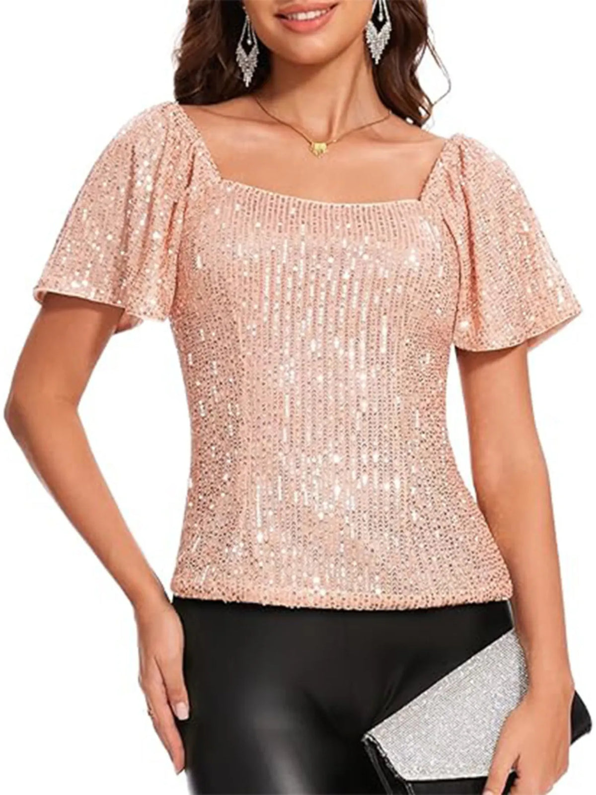 Square Neck Sequin Short Sleeve Blouse - Ladyez