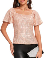 Square Neck Sequin Short Sleeve Blouse - Ladyez