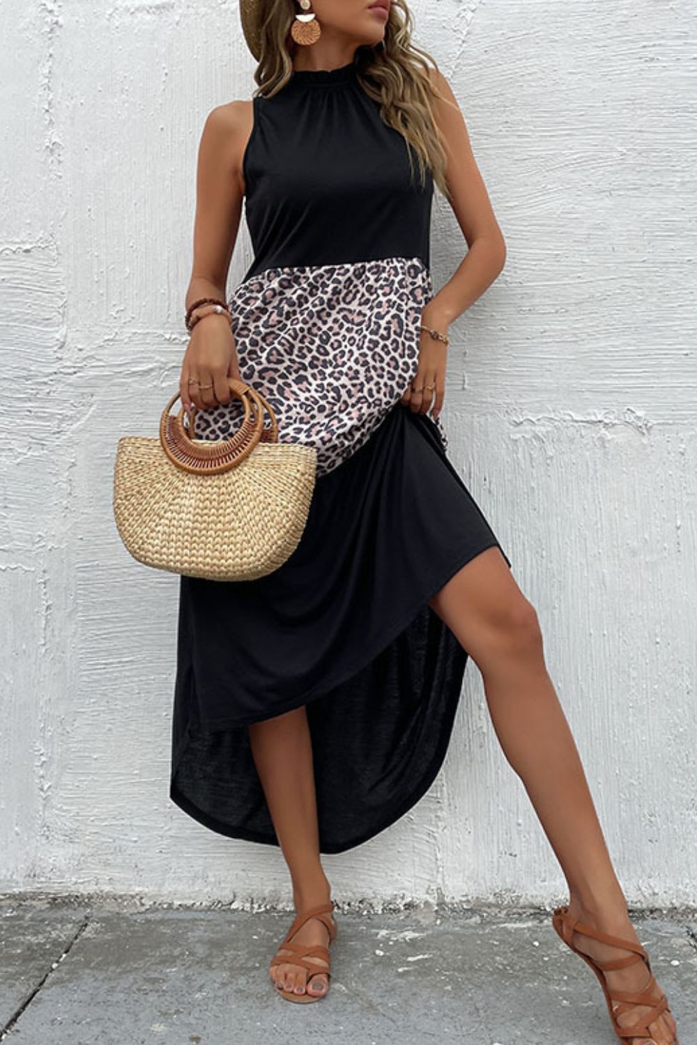 Perfee Leopard Contrast Sleeveless Maxi Dress - Ladyez