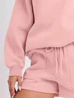 Round Neck Dropped Shoulder Top and Drawstring Shorts Set