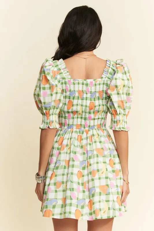 Davi & Dani Fruits Printed Smocking Mini Dress - Ladyez