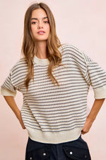 BiBi Stripes Short Sleeves Rib Banded Outseam Knit Top