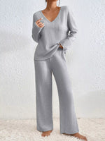 Ribbed Knit V-Neck Top and Pants Set