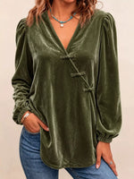 Chinese-Style Knot Buttons Velvet Blouse