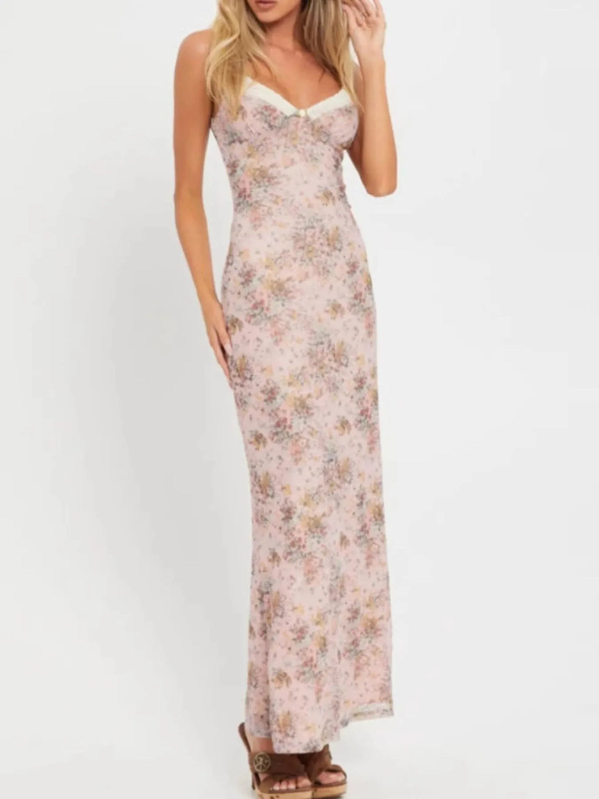 Floral Print Maxi Cami Dress with V-Neck - Ladyez