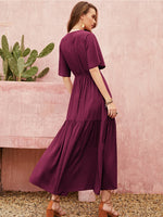Openwork V-Neck Flare Sleeve Ruched Dress - Ladyez