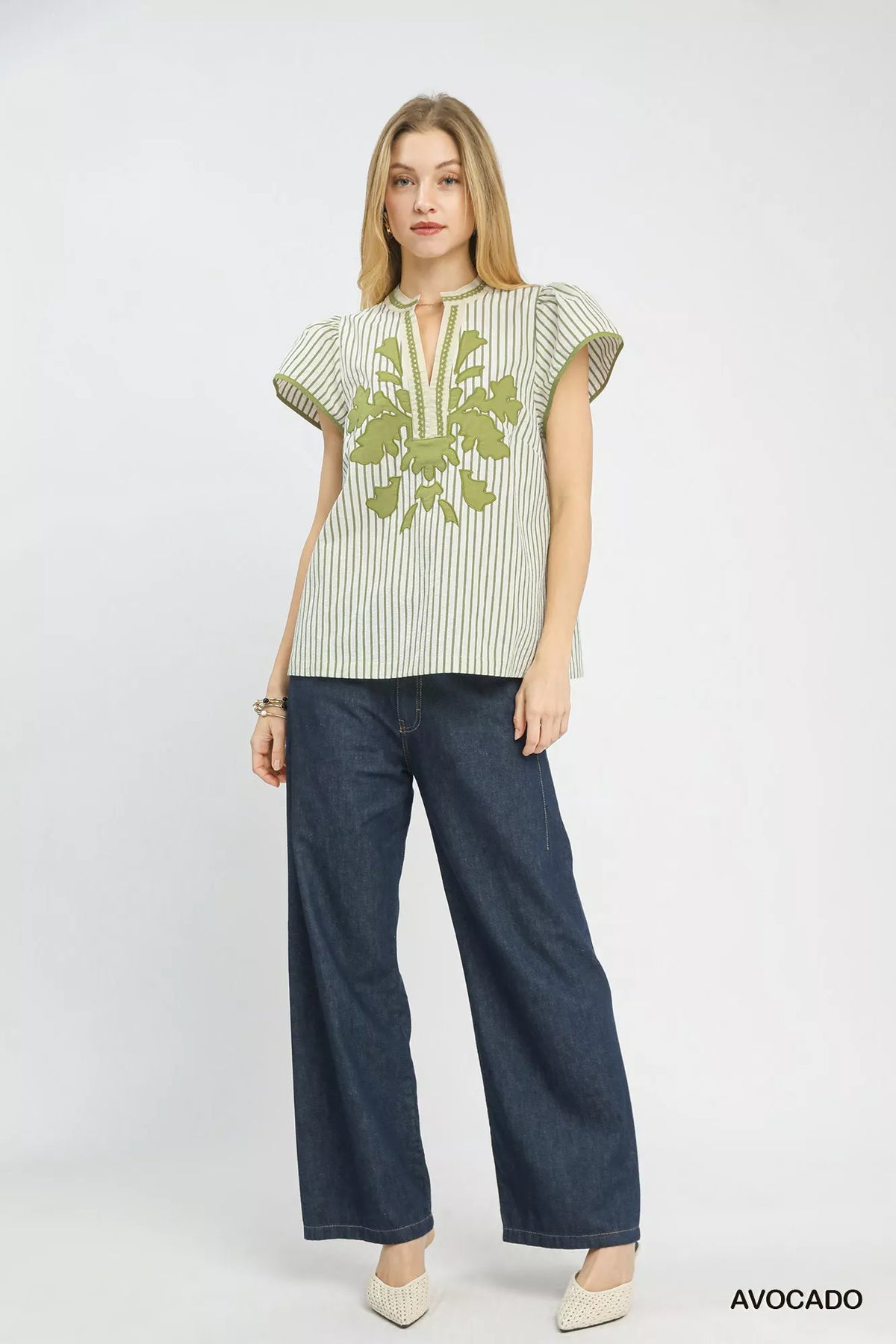Umgee V-Neck Stripe Top with Lace Trim