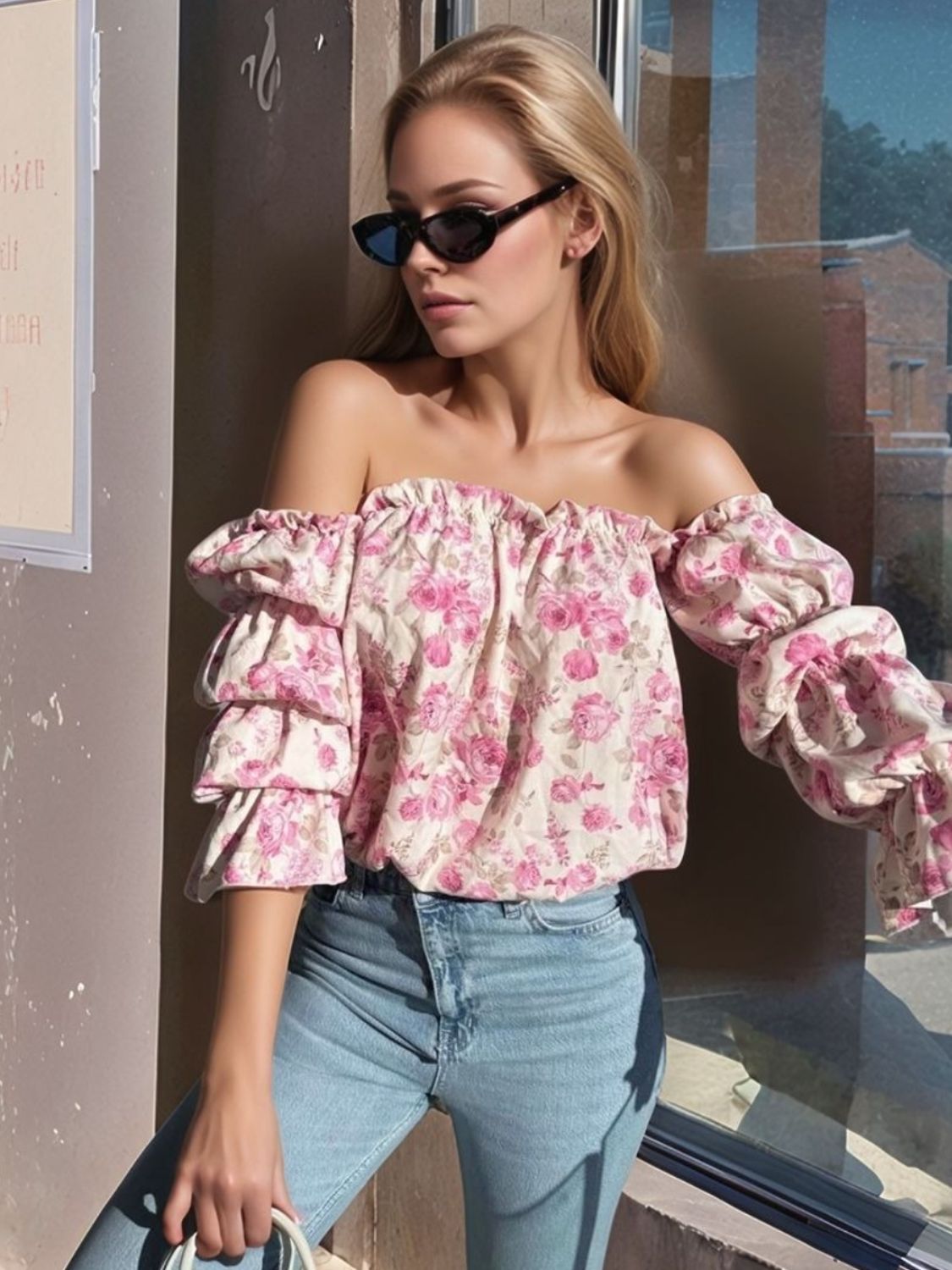 Printed Off-Shoulder Flounce Sleeve Blouse - Ladyez