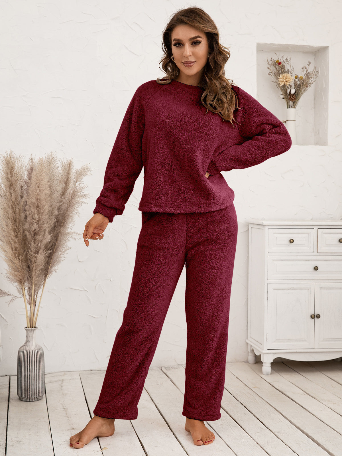Ivy Lane Teddy Long Sleeve Top and Pants Lounge Set - Ladyez