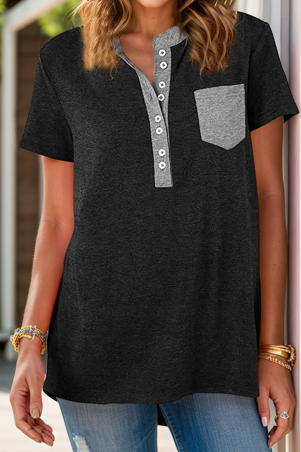 Full Size Half Button Short Sleeve T-Shirt - Ladyez