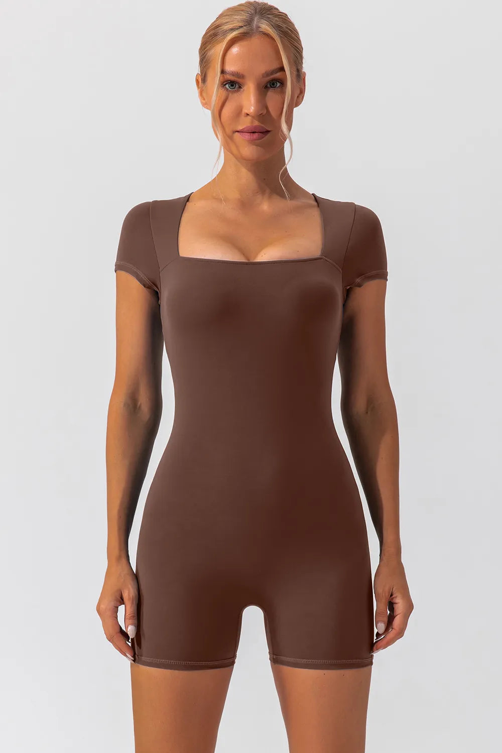 Square Neck Cap Sleeve Active Romper - Ladyez