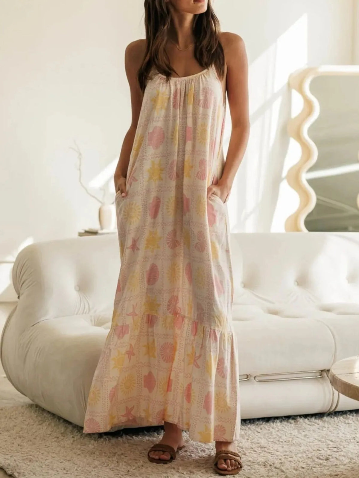 Printed Maxi Lounge Dress with Ruffled Hem - Ladyez