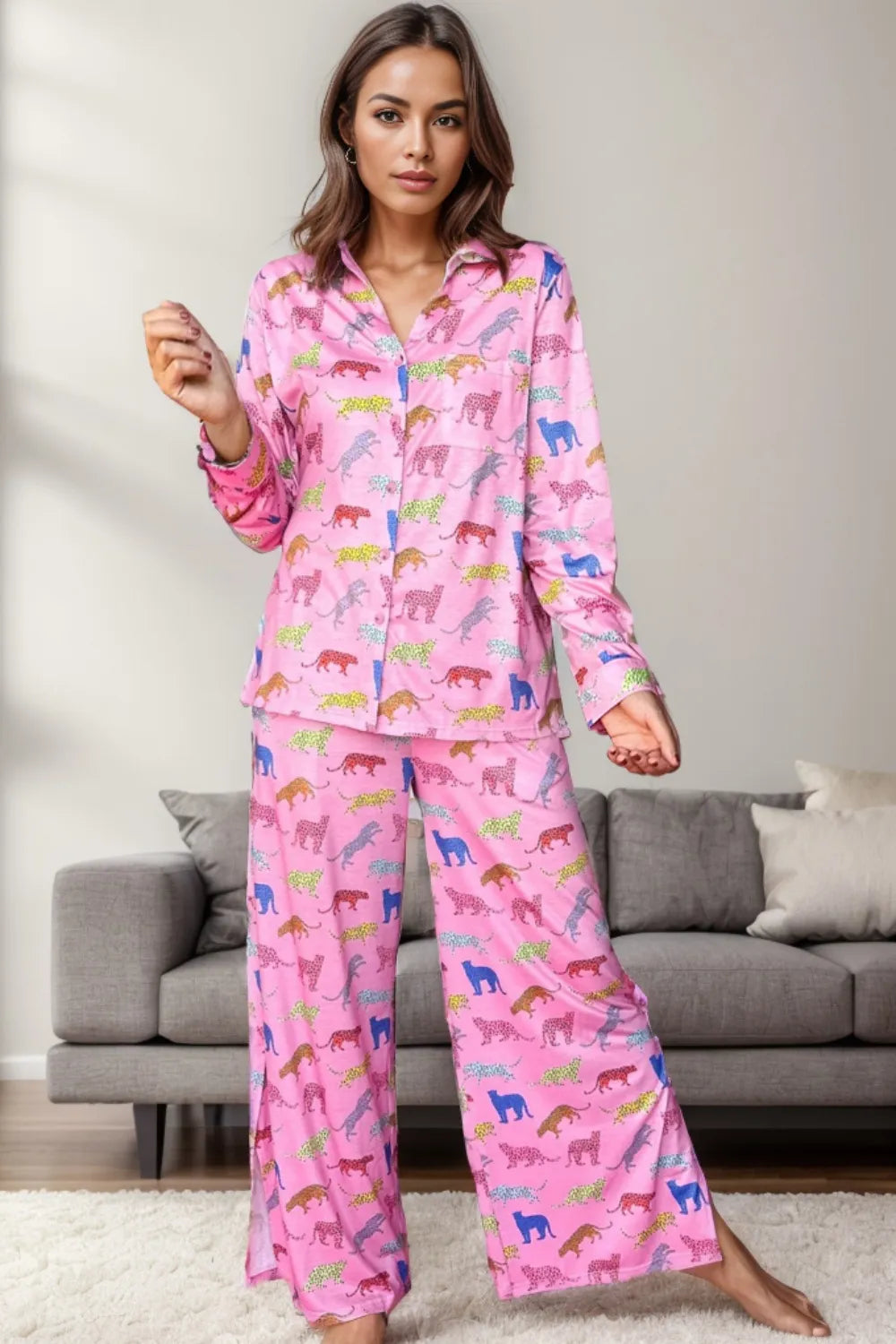 Pocketed Printed Top and Pants Lounge Set - Ladyez