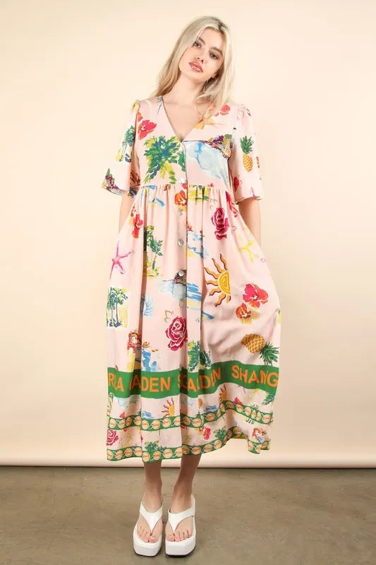 VERY J Button Down Printed Midi Dress