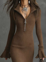 Ribbed Knit Zip Front Flare Hem Midi Dress
