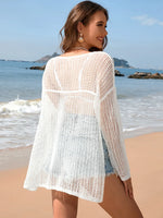 Openwork Slit Boat Neck Long Sleeve Cover-Up - Ladyez