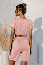 Short Sleeve Cropped Top and Drawstring Shorts Lounge Set - Ladyez